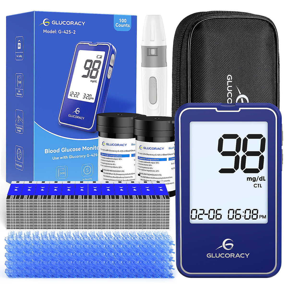Glucoracy G-425-2 Kit | 100 test strips(BLUE)