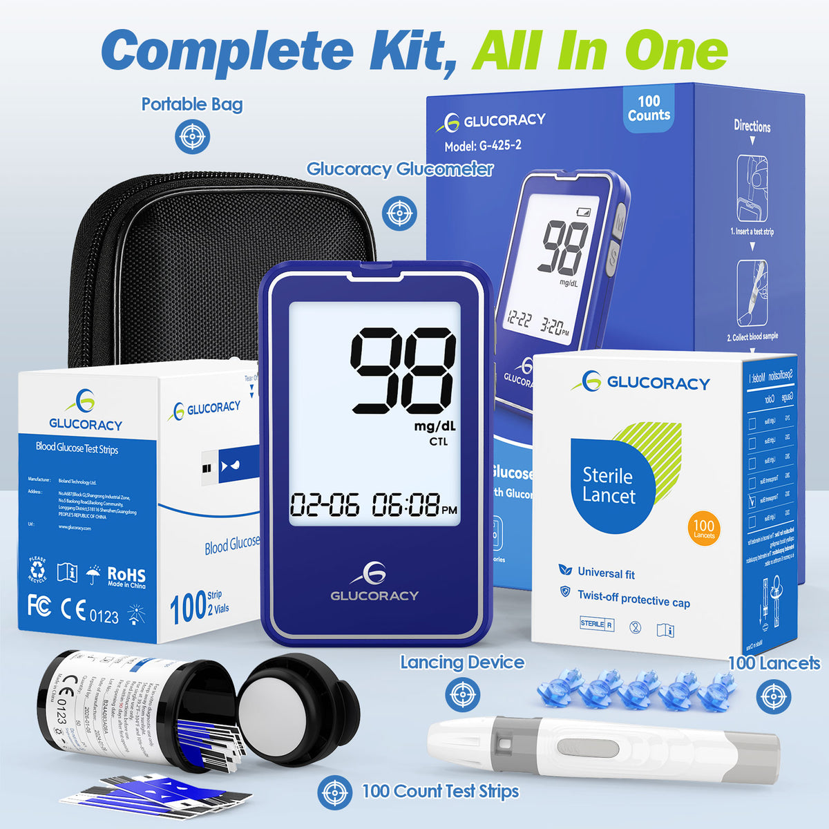 Glucoracy G-425-2 Kit | 100 test strips(BLUE)