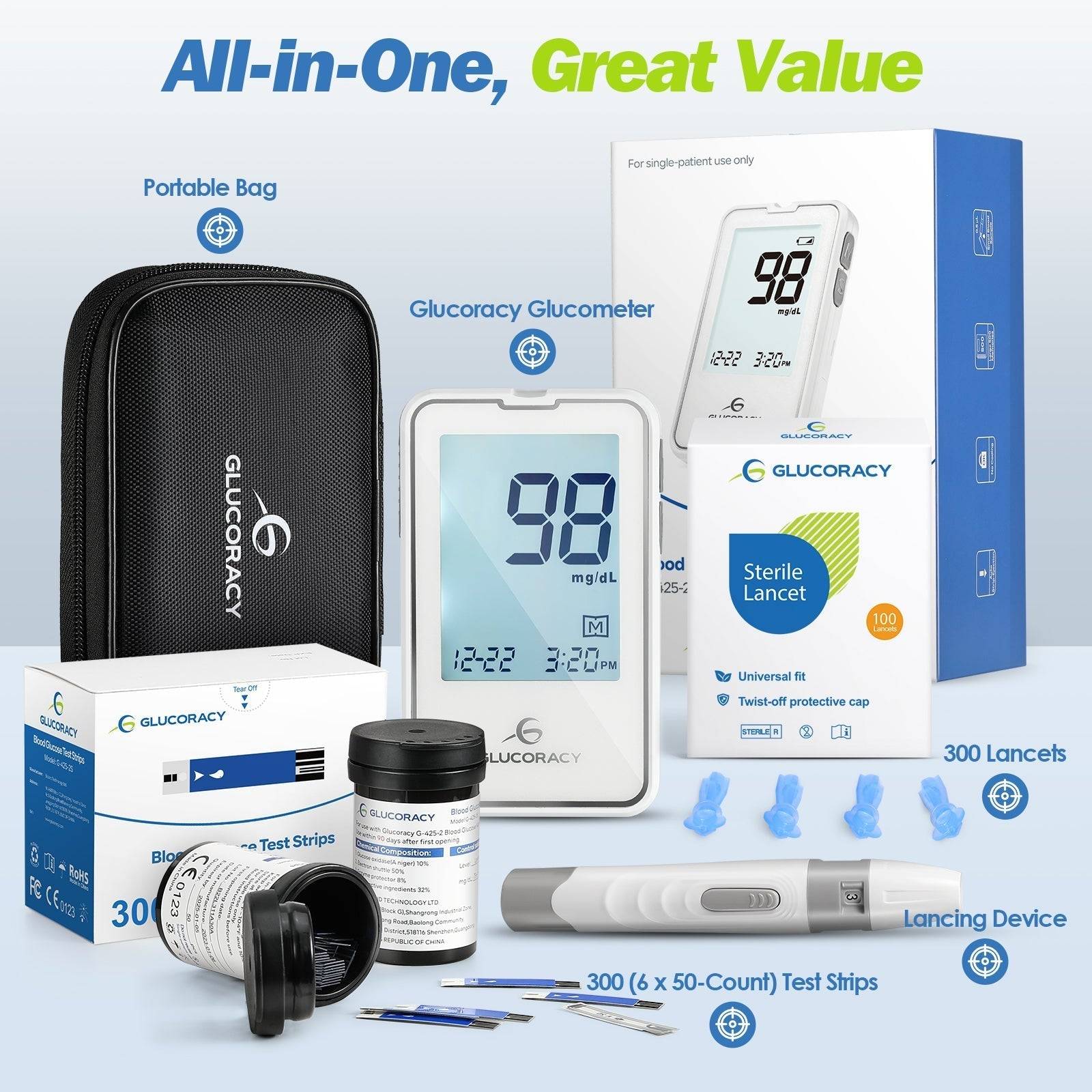 Fora 6 Connect Blood Glucose Set with 1 Meter, 50 Test Strips, 50 Lancets, Painless Design Lancing Device, Carry Case, Accurate Blood Sugar