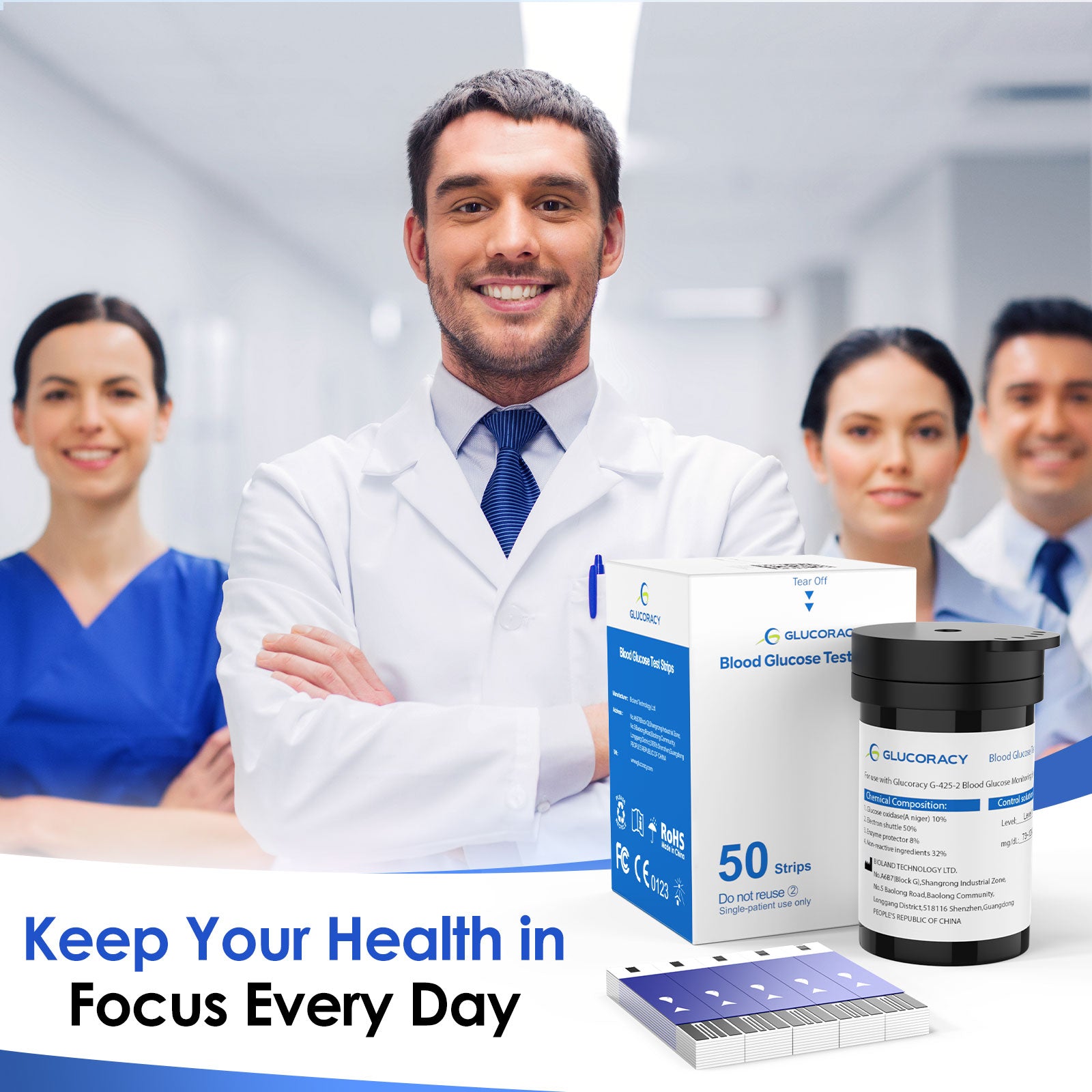 50 Test Strips For Glucoracy G-425-2/G-425 (No Lancets)
